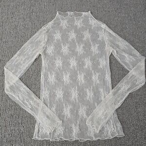 Womens Sheer Lace Mock Neck Top White Floral Mesh Romantic Fairycore